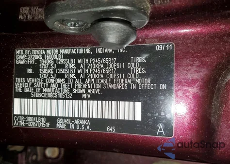 2012 Toyota Highlander Base z USA, uszkodzony, nr VIN 5TDBK3EH8CS105132